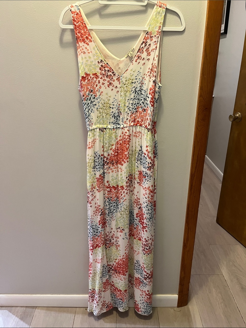 Lucky Brand White Maxi Dress with Coral, Navy & Pale Yellow Print